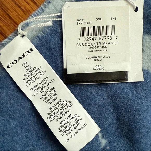 Coach muffler oversized wool blend sky blue pocket scarf NEW